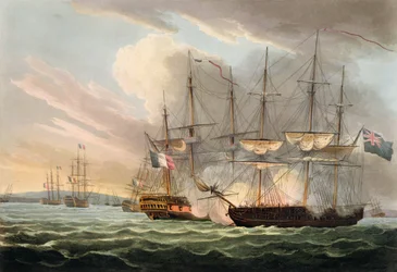 1809年に出版されたトーマスサザーランド（bc1785）によって刻まれたジェームスジェンキンスによる「イギリスの海軍功績」からのバスクロードのフランス艦隊の破壊